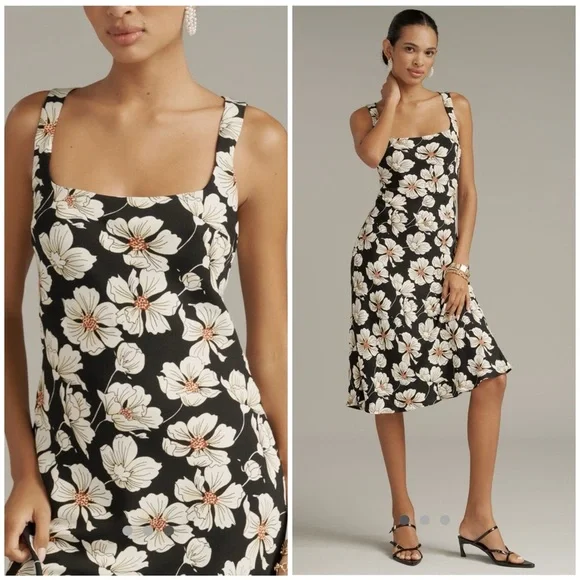 💋Reformation Black and Cream Floral Midi Dress. Size M - Picture 3 of 12